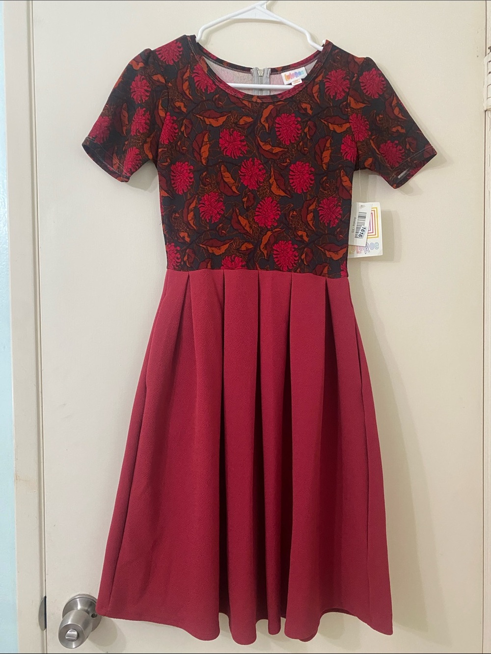 LuLaRoe Burgundy Floral Bodice Fit-and-Flare Dress